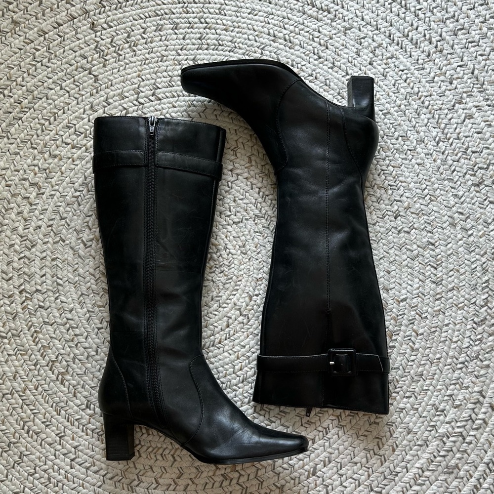 [6.5] Anne Klein Black Leather Square Toe Knee High Heeled Leather Boot Women’s